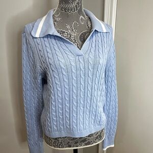 Nicole Miller Powder Blue Cable Knit V Neck Collared Long Sleeve Sweater. Large.
